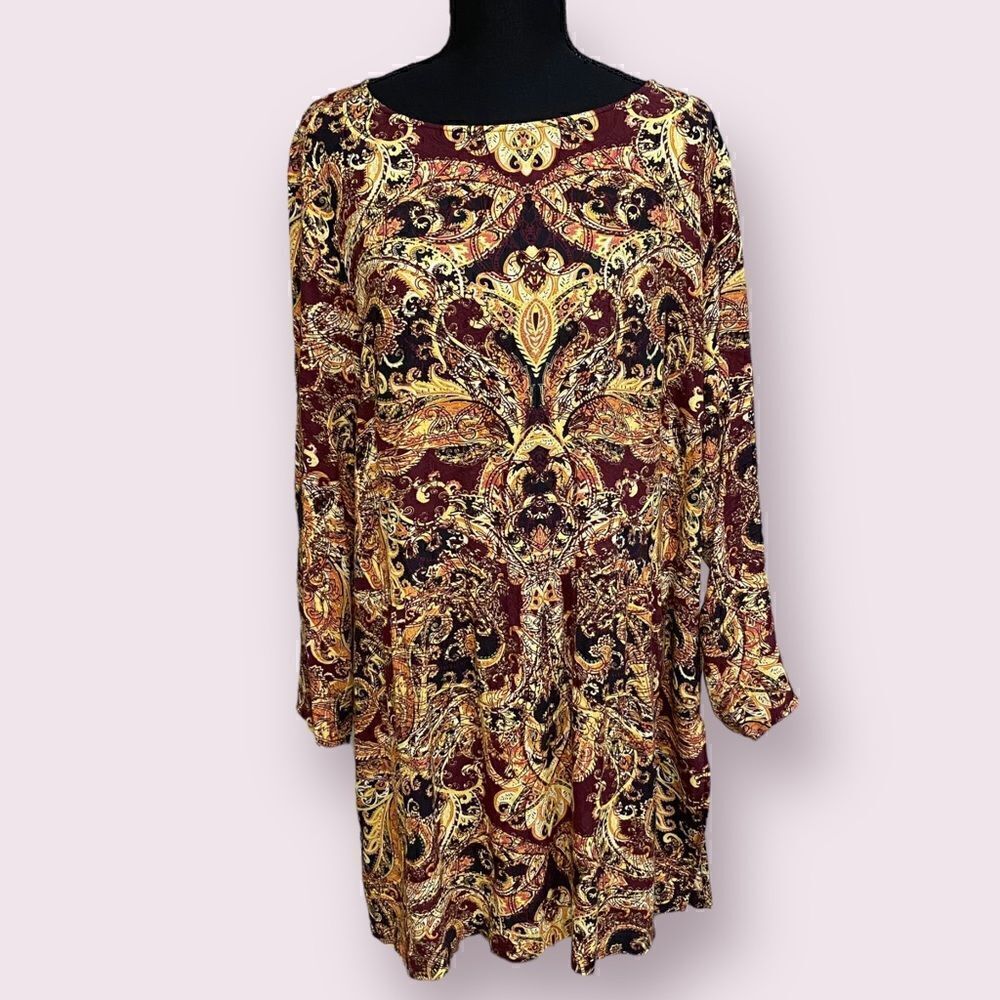 J. Jill Large Tunic Top Maroon Gold Paisley